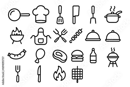 BBQ line icon set. Barbecue grill party, food and cooking outline icons. Vector pictograms for kitchen, web, apps. Steak, sausage, burger, chicken, kebab and chef tools.