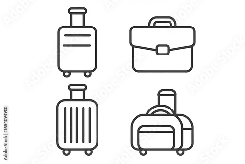 Suitcase, briefcase, and baggage line icon collection. Luggage and travel bag outline pictogram set. Minimalistic linear symbols for business trip, vacation, and tourism.