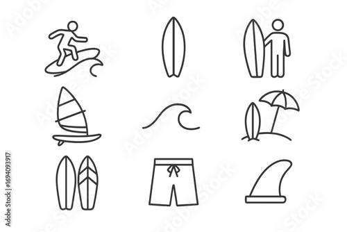 Surfing thin line icon set. Surfboard, wave, windsurfing, surfer, beach vacation symbols. Summer water sport outline pictogram collection. Editable stroke vector icons.