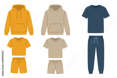 Vector set of casual clothing flat illustration. Fashion apparel collection with hoodie, t-shirt, sweatpants, and shorts. Blank sportswear template for design mockup.