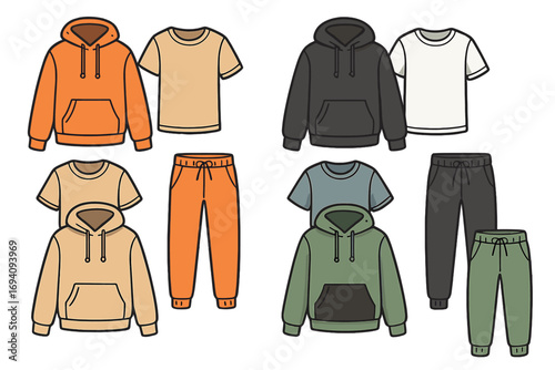 Casual clothing sets vector flat illustration. Hoodie, t-shirt, and sweatpants mockup collection. Modern streetwear & sportswear fashion choice. Tracksuit template for design.
