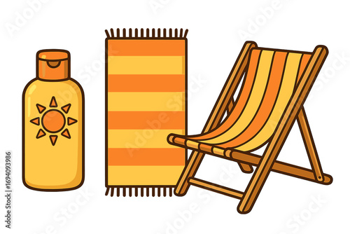 Summer beach essentials vector set. Sunscreen lotion, striped towel, and deck chair for sunbathing. Holiday vacation and travel concept. Sun protection and relaxation items.