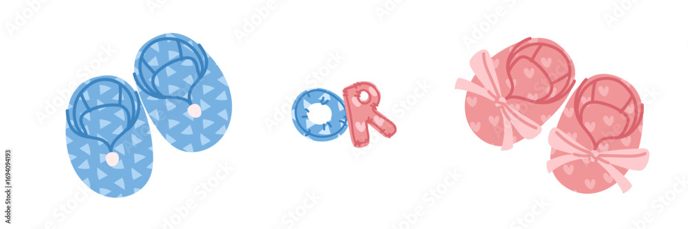 Obraz premium Banner for a gender party. Pink and blue slippers for a newborn on a white background. Flat color illustration of items related to a boy or a girl. Determining the gender of a child. A pair of shoes