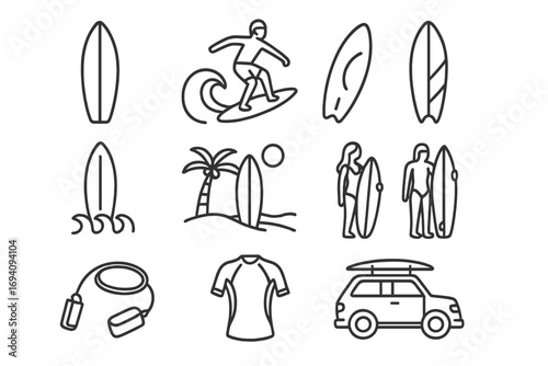 Surfing board pack of thin line icons with surfer, palm tree, wetsuit, leash, car, and waves. Editable stroke vector set for websites, apps, books, cards, beach, ocean, summer, sports