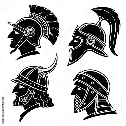 Ancient warrior helmets profile silhouettes vector