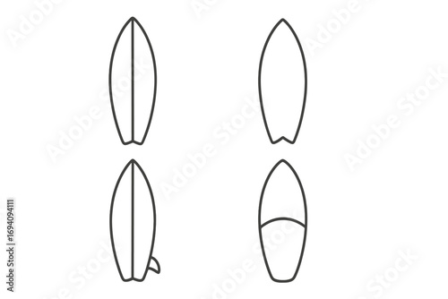 Surfboard outline vector set, simple linear style collection of different surfboard shapes, editable stroke design for web, apps, books, cards, cartoon illustration transparent