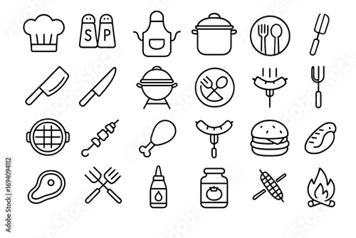 Kitchen food and barbeque line icon set. Outline signs for graphic and web design, apps. Vector cooking collection. Concept of grilling, picnic, catering, restaurant menu.
