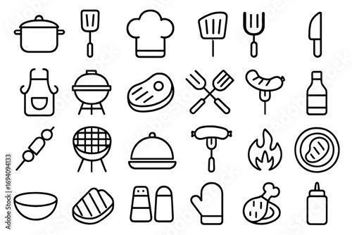 Barbecue and grill line icon set. Cooking food and kitchen utensil outline pictograms. Vector symbols for summer BBQ party, steakhouse menu, restaurant and web design.
