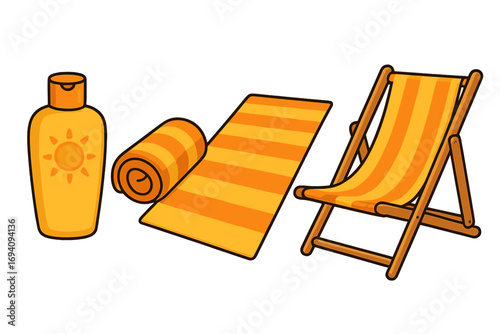 Summer beach essentials vector set. Cartoon illustration of sunscreen, towel and deck chair. Vacation and travel items for relaxation. Sun protection and beach accessories concept.