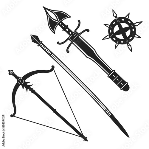 Ancient weapon silhouettes sword spear crossbow vector