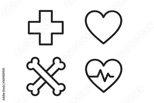 Medical and health care line icon set. Minimalistic linear pictograms. Pharmacy cross, heart, bones, cardiology heartbeat symbol. For web design, apps, infographic elements.