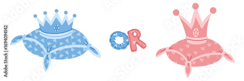 Banner for a gender party. pink and blue crown on pillow on white background. flat color illustration of items related to a boy or a girl. Finding out the gender of a child. A prince or a princess.