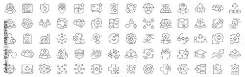 Public healthcare line icons featuring community protection, prevention, vaccination, clinics, hospitals, monitoring, insurance, education, support, telemedicine, data analytics; editable stroke