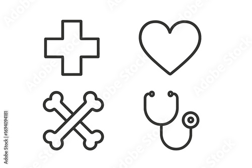 Medical line icon set with cross, heart, bones, stethoscope. Health care concepts for clinic, hospital, cardiology, orthopedics. Minimal linear pictograms for web design.