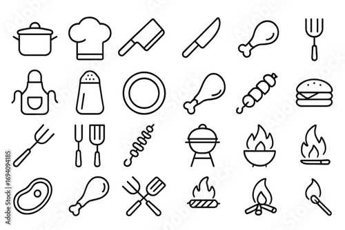 Kitchen, food, and barbeque line icon set. Outline signs for cooking and grilling. Vector symbols for graphic design, web, apps, picnic, and restaurant menu concepts.