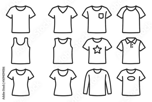 Collection of T-shirt Thin Line Icons, Editable Stroke Vector Set for Web Design, Books, Cards, and Apps, Cartoon Style T-shirt Silhouettes with Transparent Background, Ordered Multiple Styles
