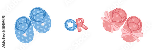 Banner for a gender party. Pink and blue slippers for a newborn on a white background. Flat color illustration of items related to a boy or a girl. Determining the gender of a child. A pair of shoes