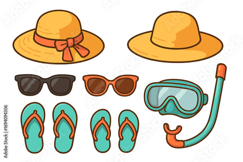 Summer beach vacation essentials set. Cartoon vector collection with sun hat, sunglasses, flip flops and snorkel gear. Flat lay travel and holiday items for seaside fun.