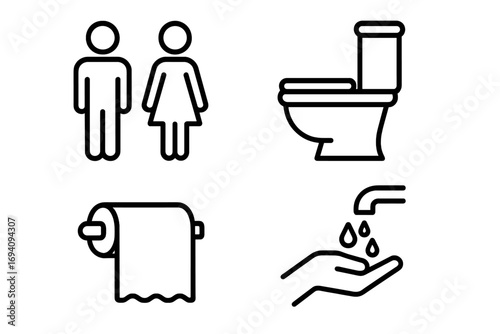 Toilet icon set for UI design, placards, books, apps, editable stroke vector illustration, cartoon style bathroom symbols, restroom signs, web and print usage, transparent background