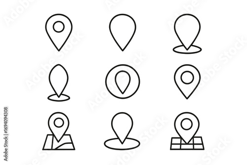 Vector map pin line icon set. Minimalistic linear pictogram for web and graphic design. Location marker, navigation pointer for apps, banners, social network and cards.