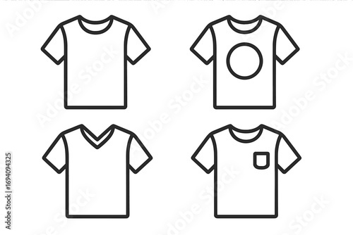 Editable stroke T-shirt icon set including plain, circle design, V-neck, and pocket styles, perfect for websites, books, cards, apps, vector cartoon illustration collection, transparent background