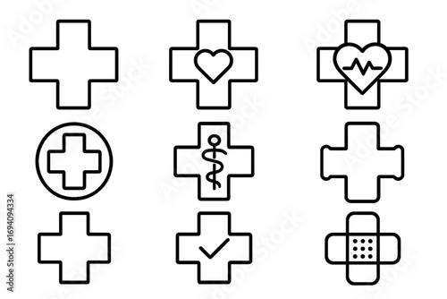 Medical cross line icon set. Health care signs. Vector symbols for hospital, emergency, first aid. Pharmacy, cardiology, heartbeat, plaster, checkmark for web and apps.