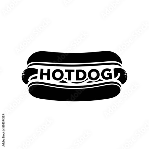 Black and white graphic illustration of a hotdog with the word "HOTDOG" written across the sausage.