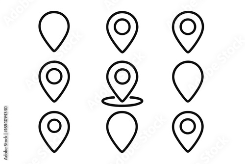 Map pin line icon set. Minimalistic linear pictograms for web and graphic design. Location marker, GPS navigation pointer, destination symbol for apps, travel & direction.