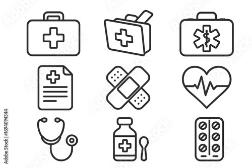Medical and healthcare thin line icon set. First aid kit, emergency case, doctor bag, stethoscope, pills, heartbeat symbol. Vector icons for web, app, infographics. Editable stroke.