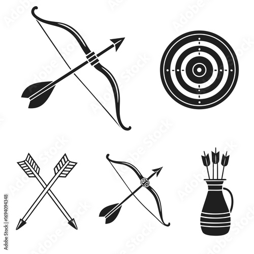 Archery equipment icons bow arrow target quiver vector