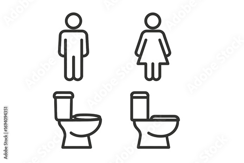 Toilet icon set for UI, signage, books, apps, editable stroke vector, male and female restroom symbols, bathroom signs, web design, cartoon illustration, transparent background