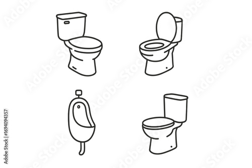 Toilet outline collection with simple linear designs, editable strokes, perfect for websites, books, cards, apps, vector cartoon illustration set with transparent background