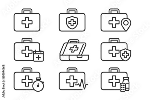 First aid kit line icon set. Medical suitcase for emergency doctor service. Healthcare, medicine, and health insurance concepts. Vector symbols for web, apps. Editable stroke.