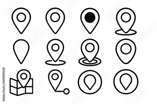 Map pin outline icon collection. Location marker and destination pointer set for web and graphic design. GPS navigation and route symbol. Minimalistic linear pictogram for apps.
