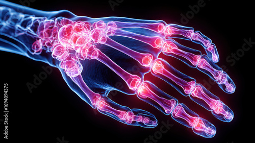 Inflamed human hand joints with visible bones, showcasing detailed anatomical view. vibrant colors highlight inflammation, emphasizing structure