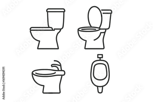 Toilet outline simple linear vector collection, editable stroke, perfect for websites, books, cards, apps, vector cartoon illustration, bathroom icons, transparent background