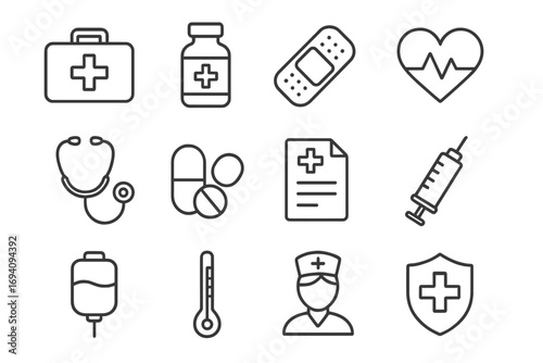 Medical and healthcare line icon set. Hospital, clinic, pharmacy symbols. First aid, doctor, nurse, stethoscope, syringe, pills, heartbeat, and health insurance vector icons. Editable stroke.