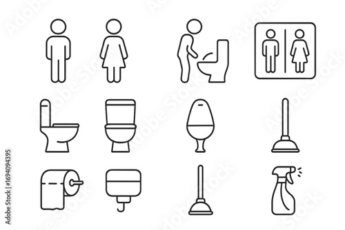 Toilet and Bathroom Icon Pack with Editable Thin Stroke, Vector Cartoons for Web Design, Apps, Books, Cards, and User Interface, Transparent Background, Ordered Set of Restroom Symbols