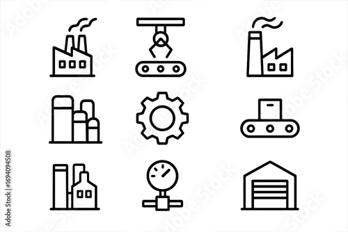 Industrial line icon set. Factory, manufacturing, and production outline symbols. Vector graphic elements for web design, apps. Automation, conveyor belt, robotic arm icons.
