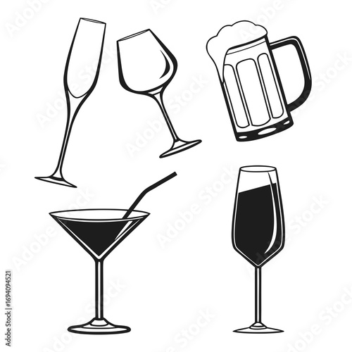 Assorted drinkware silhouettes champagne flute wine glass