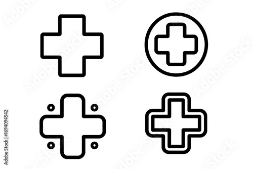 Medical cross outline icon set for health care and first aid. Vector of plus symbols for hospital, pharmacy, emergency services. Modern minimalist graphic design for web, apps.