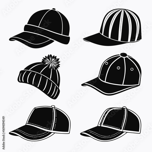 Assorted headwear silhouettes baseball cap winter hat