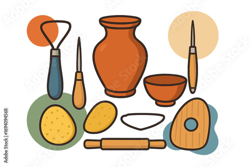 Pottery crafting tools set with clay sculpting instruments and pottery vase bowl illustration on colorful simple background, vector cartoon art for ceramics making design