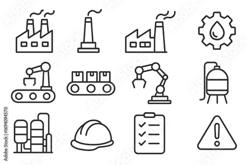 Industrial line icon set for manufacturing and production. Vector outline symbols for factory, automation, robotics, conveyor belt, power, oil, safety hard hat, and checklist.