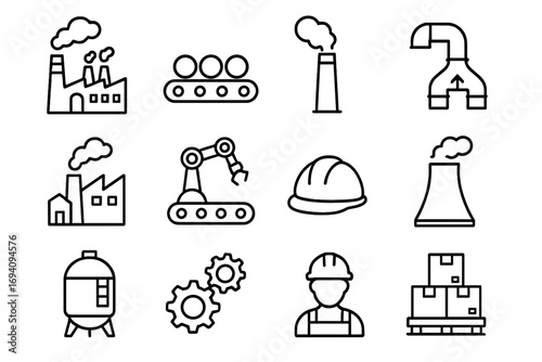 Factory and industry line icon set. Vector outline symbols for manufacturing, production, automation. Includes robotic arm, conveyor belt, worker, power plant, engineering.