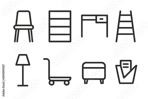 Furniture line icon set. Minimalist home interior design elements. Simple outline vector illustration of a chair, bookshelf, desk, ladder, lamp, cart, ottoman, magazine rack.