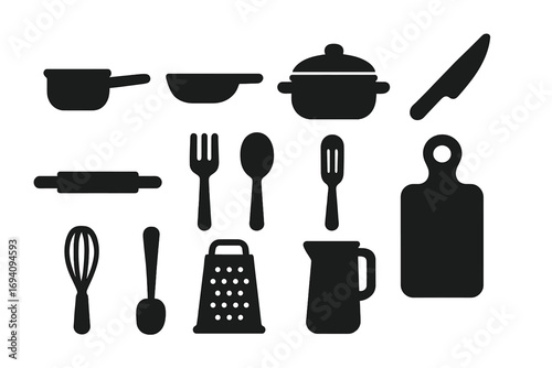 Minimalist cooking icons set in silhouette design. Kitchen tools and utensils vector collection. Cookware, cutlery, and gadget symbols for food preparation and culinary graphics.