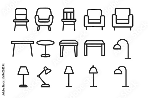 Minimalist furniture line icon set. Collection of chairs, tables, and lamps for interior design. Simple modern outline symbols for home decor. Vector pictogram illustration.