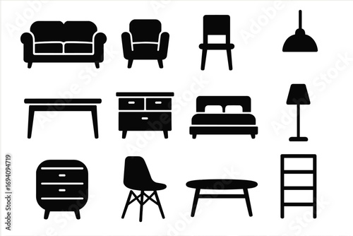 Home furniture icon set. Minimalist silhouettes of modern interior design elements. Vector collection of household items: sofa, chair, bed, table, lamp, storage glyphs.