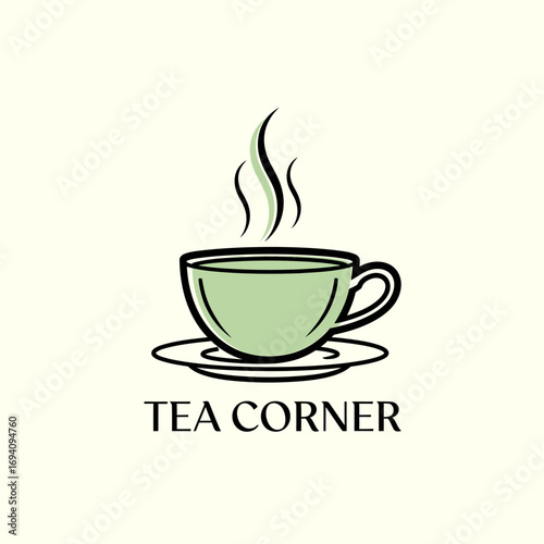 A stylized logo featuring a green teacup with steam rising, on a saucer, and the words "TEA CORNER".
